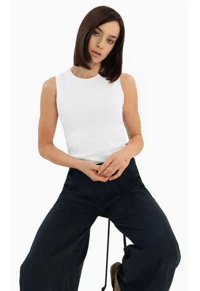 Tricou fara maneci cu nervuri - Slim Fit - dama - decolteu la baza gatului - T-Demi - alb - Alb