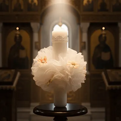 Lumanare botez eleganta cu flori ivoire si dantela
