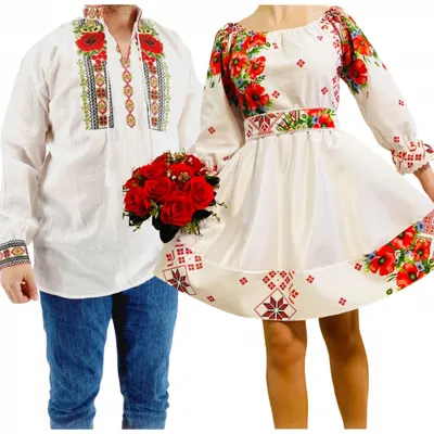 Set Cuplu Traditional 258 Camasa Traditionala si Rochie cu motive traditionale