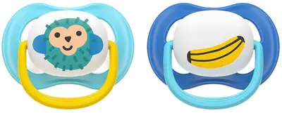 Suzete Philips Avent - Ultra Air, 6-18 luni, cu cutie, 2 bucăți, banană/maimuță, albastre
