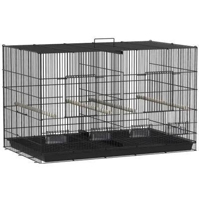 PawHut Colivie pentru Păsări cu Separator, Raft Inferior, 4 Stinghii și 4 Hrănitoare, 94x57x57 cm, Negru | Aosom Romania
