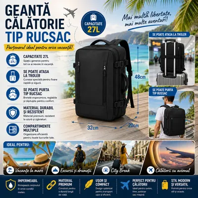 Rucsac 27L, Atasare la Troler, Port USB, Compartiment Laptop, Impermeabil