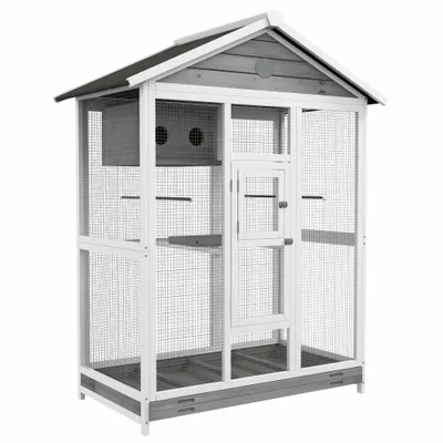PawHut Cușcă mare pentru păsări volieră interior exterior, 4 bârne tavă colectoare glisantă 112 x 68 x 154 cm gri | Aosom Romania
