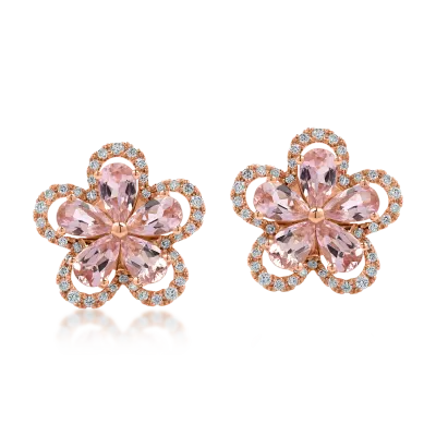 Cercei floare din aur roz cu turmaline roz pear de 1.9ct si diamante de 0.31ct