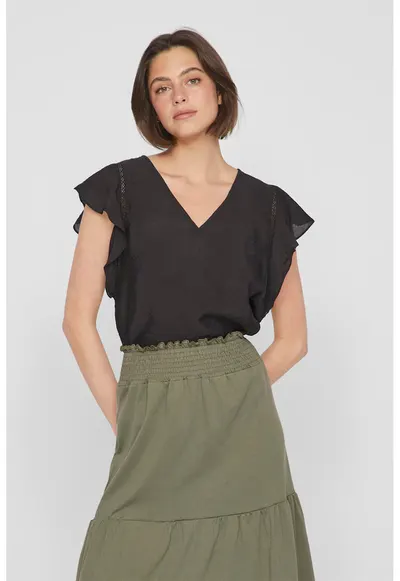 Bluza cu decolteu in V si maneci fluture - Negru