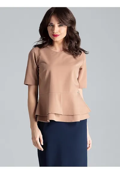 Bluza dama - cu maneci scurte - decolteu semicircular - bascul dublu - maro - poliester 65% - viscoza 35%