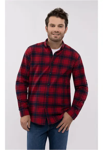 Camasa pentru barbati K-Iseo - bumbac - maneca lunga - rosu cu carouri - Regular Fit