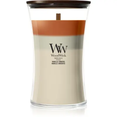 Woodwick Trilogy Vanilla Embers lumânare parfumată cu fitil din lemn 610 g