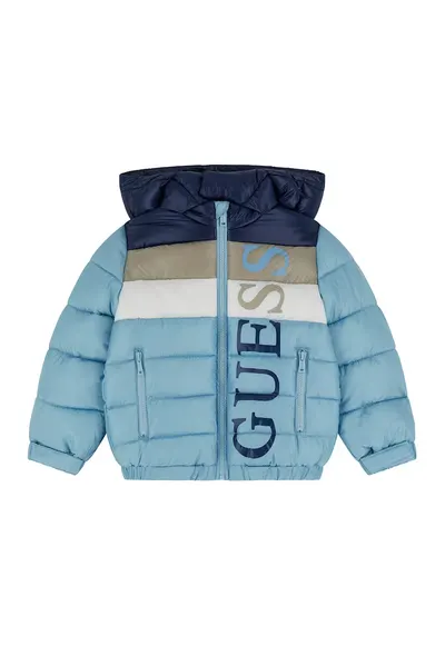 Geaca cu vatelina - imprimeu logo si gluga - Albastru inchis/Albastru glaciar/Bej deschis