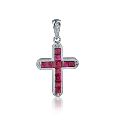 Pandantiv cruce din aur alb cu rubine princess de 0.77ct si diamante de 0.03ct