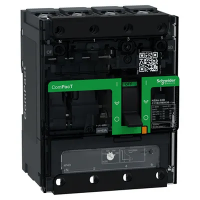 Intreruptor CompPacT NSXm B (25 kA la 415 VAC), 4P 4d, 63A unitate de declansare TMD, papuci de compresie si conectori pentru bare de distributie