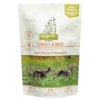 ISEGRIM, XS-XL, Curcan și Vită, plic hrană umedă fără cereale câini junior, (în sos), 410g