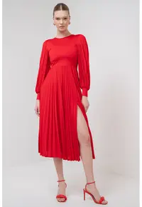 Rochie cu pliuri si maneci lungi Redy - Rosu