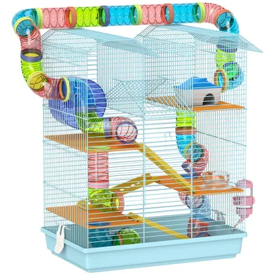 PawHut Cușcă pentru Hamsteri și Rozătoare cu 5 Niveluri și Tuburi Colorate Albastru | Aosom Romania