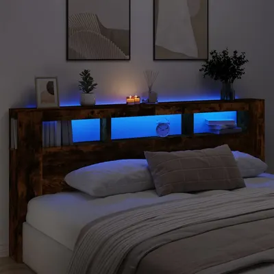 Gossi tablie de pat cu led, stejar fumuriu, 220x18,5x103,5 cm, lemn