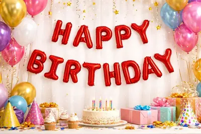 Set 10 baloane din folie metalizată, model "HAPPY BIRTHDAY", 40 cm, rosu metalizat