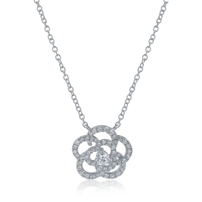 Lant cu pandantiv floare din aur alb cu diamante de 0.54ct
