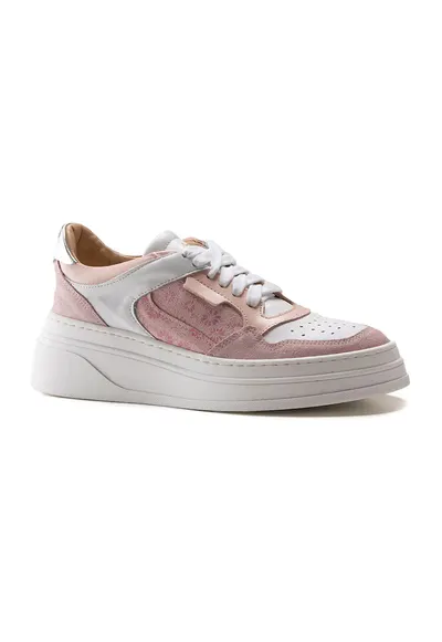 Pantofi sport de piele si piele intoarsa cu imprimeu - Alb/Bej/Roz