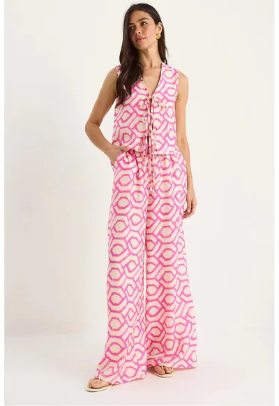 Set doua piese - tunica lunga cu decolteu in V geometric si pantaloni lati - viscoza-nailon