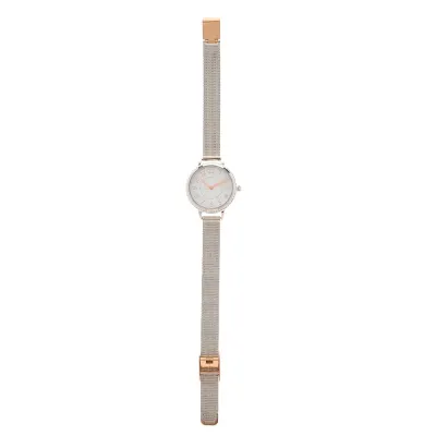 Ceas de mana cu bratara tip plasa si detalii rose gold