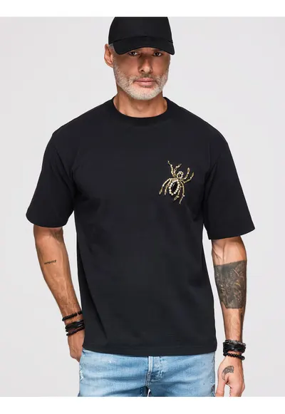 Tricou barbati loose fit cu aplicatie decorativa paianjen si decolteu rotund OM-TSCT-0277 - Negru