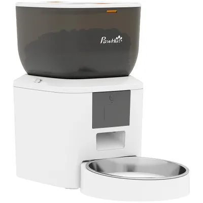 PawHut Distribuitor Automat de Hrană pentru Pisici 4L, WiFi 2.4G, Control App cu Înregistrare 10s, Bol, Alb | Aosom Romania