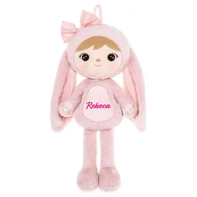 Papusa personalizata de plus Iepuras Pufos Roz cu fundita