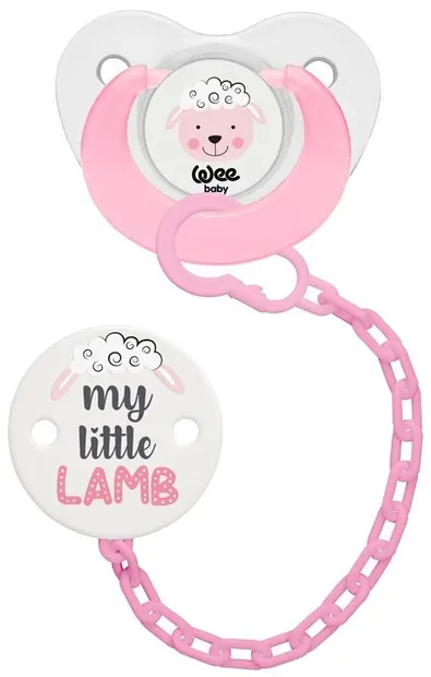 Suzetă din silicon cu lanț Wee Baby - Roz, 6-18 luni