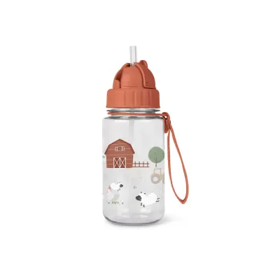 Sticla de apa pentru copii Saro Funny Farm 400 ml, cu pai din silicon retractabil anti-picurare, din tritan, fara BPA