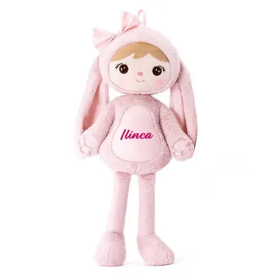 Papusa personalizata de plus Iepuras Pufos Roz cu fundita (XL)