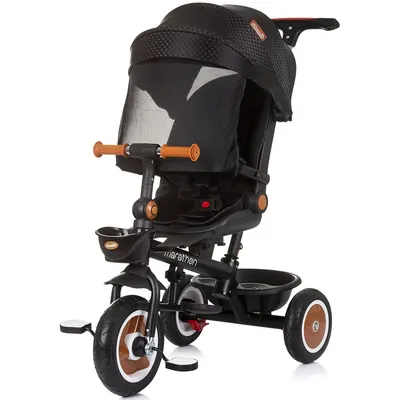 Tricicleta pentru copii Chipolino Marathon Obsidian cu sezut rotativ, suport picioare, maner reglabil, 2 cosulete, greutate admisa 25 kg