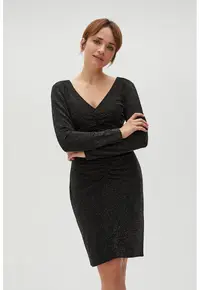 Rochie Ajustata Decorata cu Fir Metalic Negru - Negru