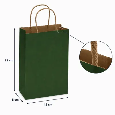 Sacoșe hârtie cu mâner răsucit - verde închis (set 12 buc) - Mică - 15x22x8cm