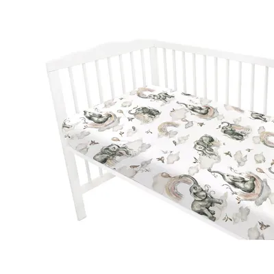 Cearceaf cu elastic Qmini pentru patut 140X70 cm din bumbac Elephants on Rainbow