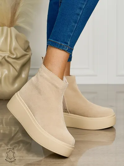 Ghete casual din piele naturală intoarsa cu talpa solida cu fermoar CRL1511 BEJ