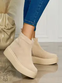 Ghete casual din piele naturală intoarsa cu talpa solida cu fermoar CRL1511 BEJ