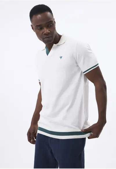 Tricou polo tricotat fin - Alb/Verde smarald