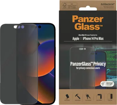Protector de sticlă PanzerGlass - Privacy AntiBact UWF, iPhone 14 Pro Max