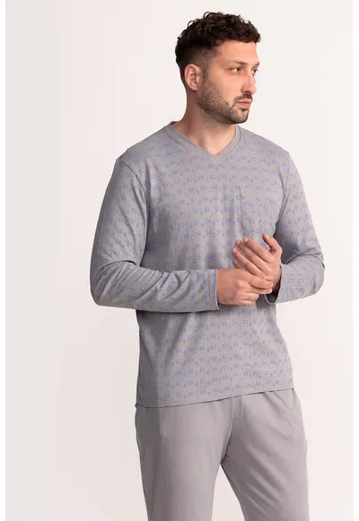Pijama din bumbac cu buzunar pe piept - Gri/Albastru prafuit