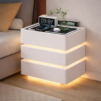 Noptiera inteligenta multifunctionala cu 3 sertare, LED tactil 3 culori, incarcare wireless, difuzor Bluetooth, incarcare USB, blat din sticla securizata