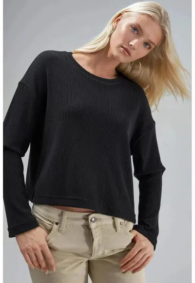 Pulover dama - guler rotund - negru - jerseu