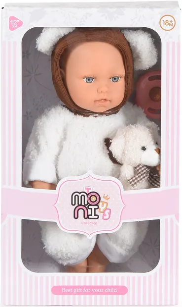 Păpuşă Moni Toys - Lovely Baby,cu costum de ursuleț și accesorii, 30 cm