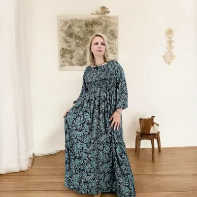 Rochie lunga de vara cu maneca 3 4 - imprimeu floral abstract
