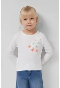Bluza cu decolteu rotund si aplicatii cu fluture - Verde/Alb murdar/Roz