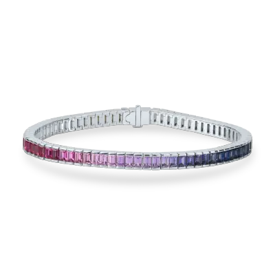 Bratara tennis din aur alb cu safire multicolore rectangulare de 6.91ct