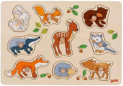 Puzzle din lemn cu manere Goki - Animale de padure