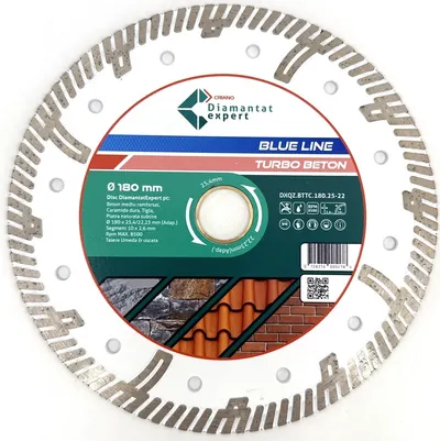 Disc DiamantatExpert TURBO Segmentat pt. Beton Ranforsat Usor, Materiale de constructii 180x25,4/22.23(ring) (mm) taiere uscata sau umeda, Blue Line Profesional - DXQZ.BTTC.180.25-22