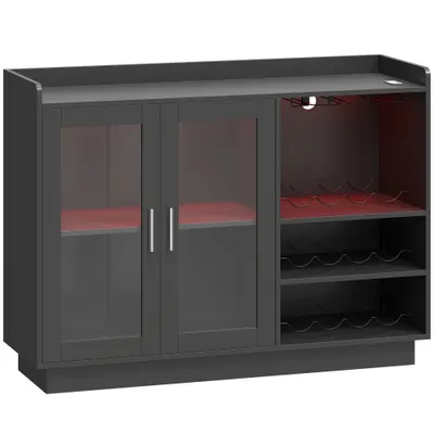 HOMCOM Dulap Port-Sticle cu Lumini LED RGB și Suport pentru 12 Sticle, Dulap pentru Vinuri cu Raft Reglabil și Uși cu Închidere Lentă din Sticlă pentru Casă, Bucătărie și Sufragerie, Negru | Aosom Romania