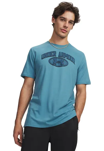 Tricou cu decolteu la baza gatului si imprimeu logo - Albastru pastel