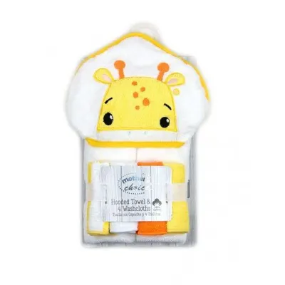 Set cadou bebelusi cu 4 mini prosopele si prosop cu gluga din bumbac girafa
